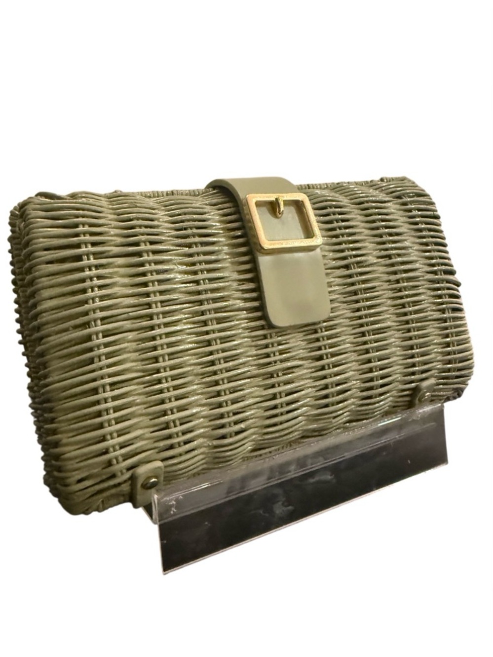 Zara Olive Woven Clutch with Gold Buckle